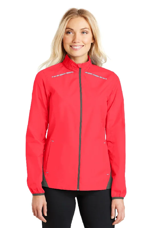 Port Authority Womens Zephyr Reflective Hit Wind & Water Resistant Full Zip Jacket - Hot Coral Pink/Steel Grey - Closeout Wool Fabric Cashmere Fabric Tweed Fabric