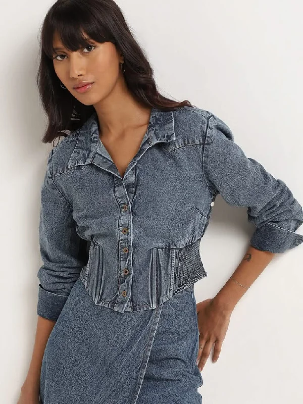 Nuon Light Blue Denim Fitted Crop Jacket Fleece Jacket Down Jacket Feather Jacket