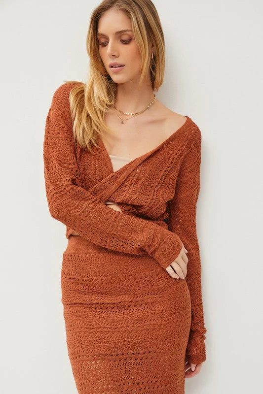 CROCHET KNIT LONG SLEEVE SWEATER SKIRT SET denim skirt fashionable