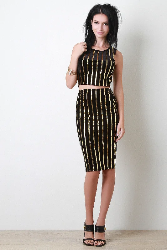 Metallic Gold Striped Velveteen Skirt leather skirt refined