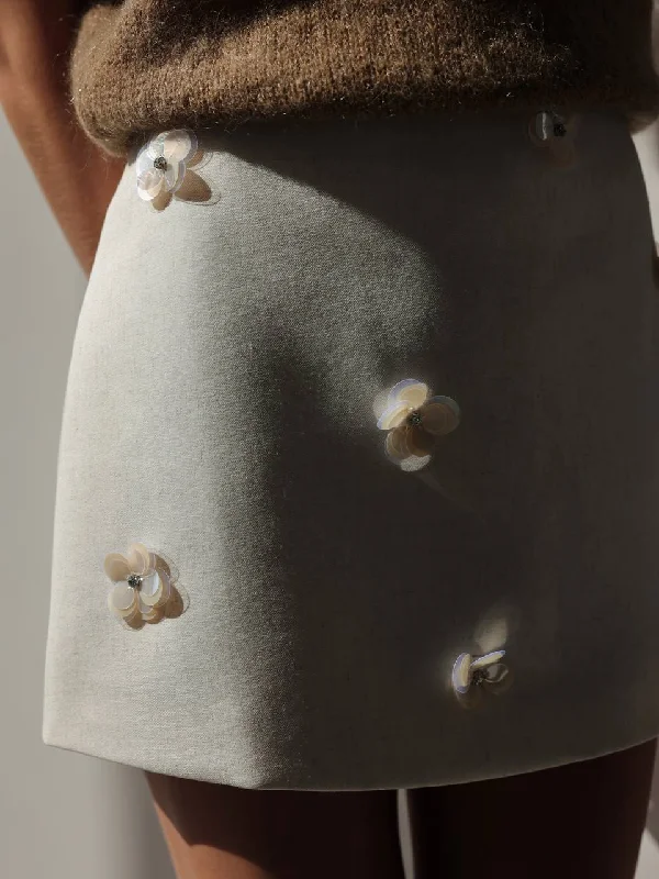 Cream Mini Skirt with Mother-of-Pearl Flower Details corduroy skirt cozy