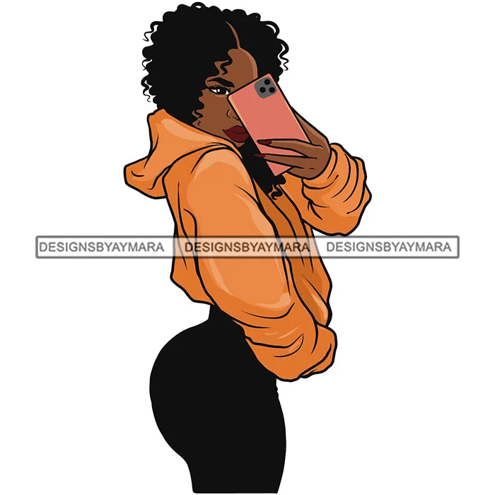 Sexy Afro Woman Taking Sideway Selfie Big Butt Curvy Sweater Melanin Morena Bella Afro Puff Kinky Hair Designs For T-Shirt and Other Products SVG PNG JPG Cutting Files For Silhouette Cricut and More! Zippered Front Buttoned Front Snap Front
