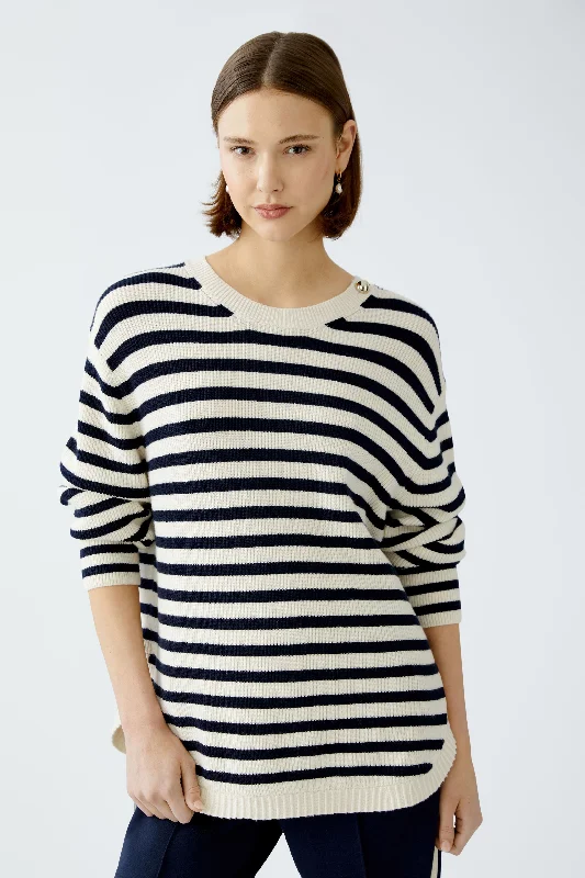 OUI White Blue Stripe Sweater Fleece Sweater Nylon Polyester