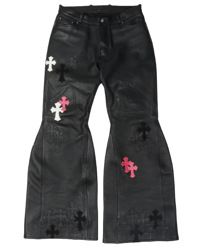 Leather Cross Patch Flared Pants "Final Boss" Casual Yoga Pants