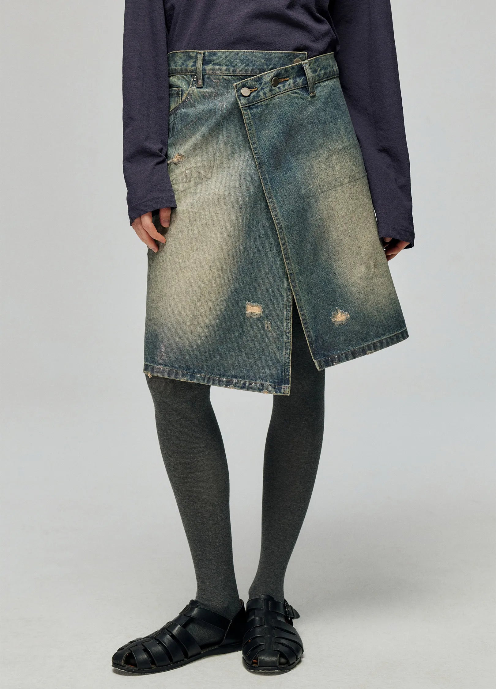 Distressed Denim Wrap Skirt wool skirt sturdy