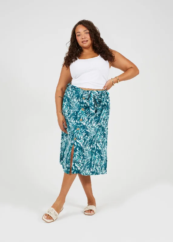 PLUS SIZE GREEN LEAF PRINT BUTTON DETAIL MIDI SKIRT denim skirt fashionable