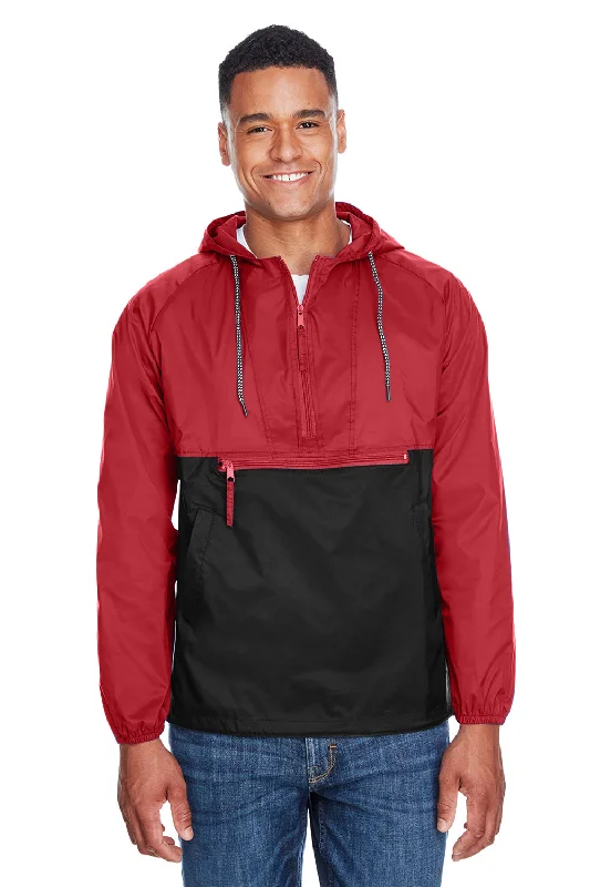 Harriton Mens Packable Wind & Water Resistant 1/4 Zip Hooded Jacket - Red/Black Snapped Jacket Toggled Jacket Drawstring Jacket Harriton Mens Packable Wind & Water Resistant 1/4 Zip Hooded Jacket - Red/Black Snapped Jacket Toggled Jacket Drawstring Jacket