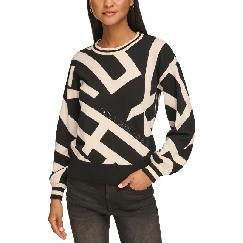 Karl Lagerfeld Paris Womens Printed Logo Crewneck Sweater Embroidered Appliqued Beaded