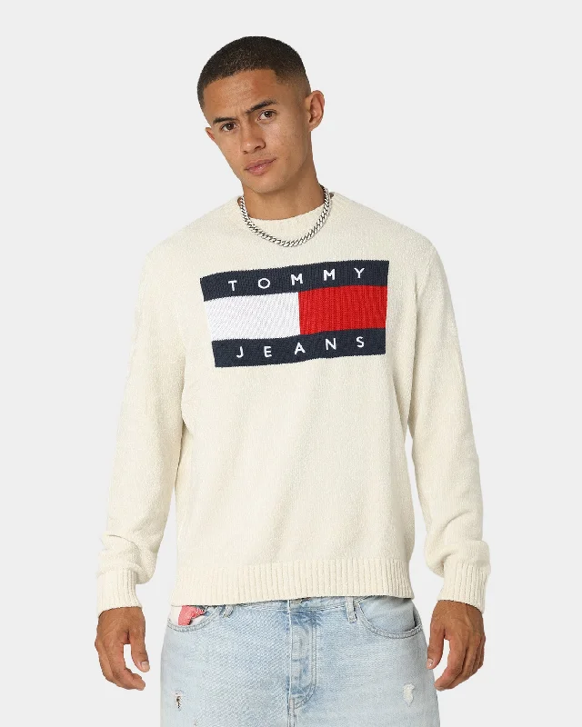 Tommy Jeans Tommy Flag Sweater Ivory Denim Fabric Leather Fabric Suede Fabric
