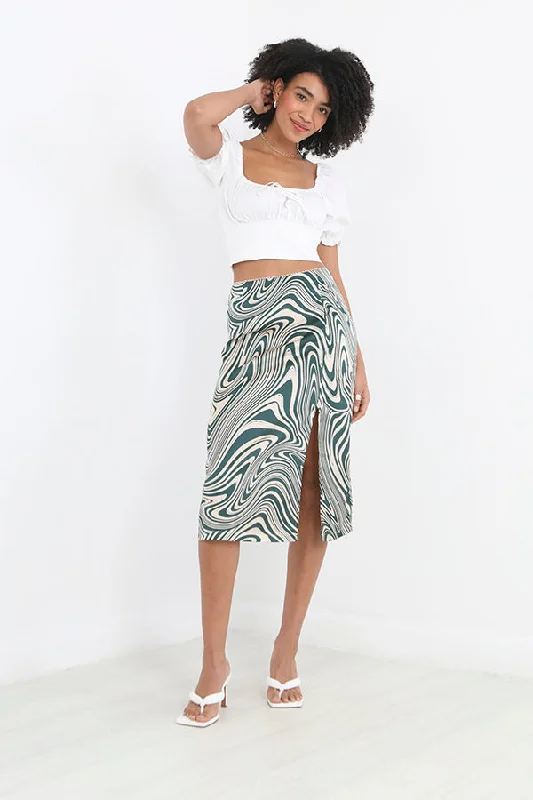 SWIRL PRINT BUTTON DETAIL SIDE SPLIT MIDI SKIRT seamless skirt comfort
