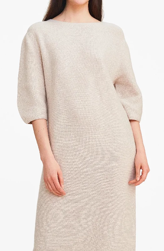 On-the-go Sweater Dress - Oatmeal Ribbed Striped Patterned