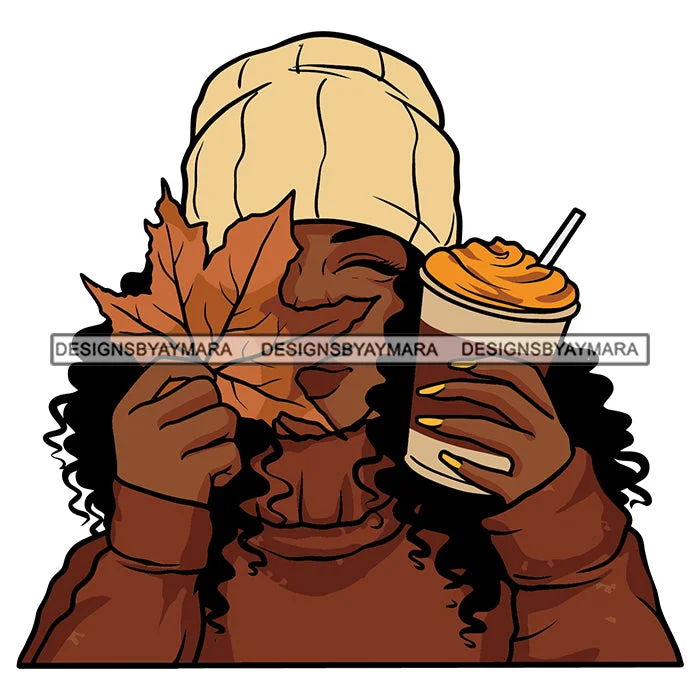 Fall Winter Hat Leaf Woman Coffee Mug Sweater Melanin Nubian Black Girl Magic SVG JPG PNG Vector Clipart Cricut Silhouette Cut Cutting Zippered Buttoned Snapped
