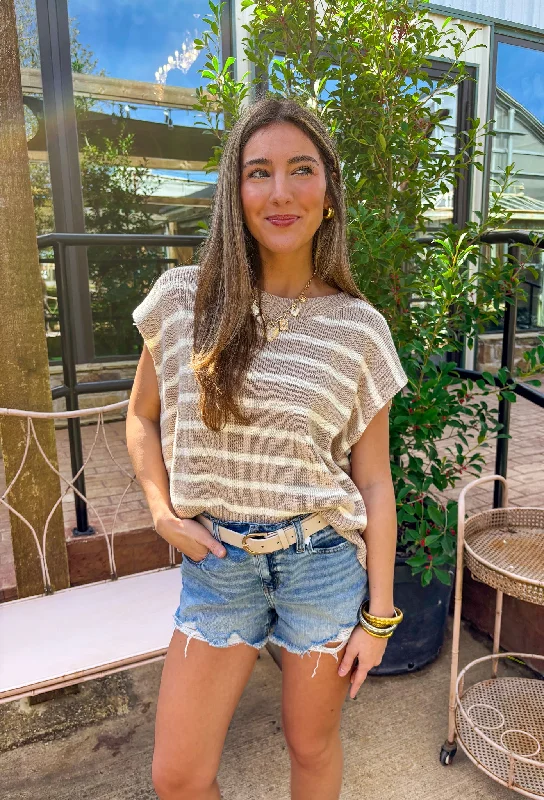 Never Last Short Sleeve Sweater in Taupe Herringbone Houndstooth Plaid