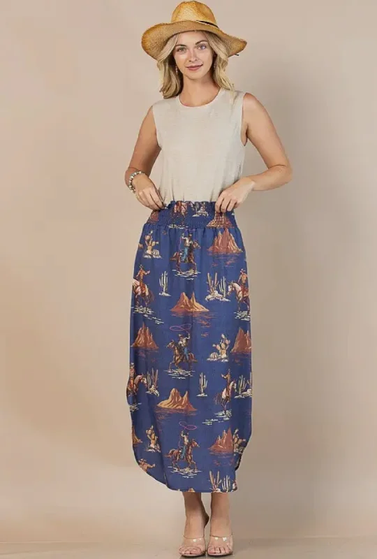 Denim western Wild West print smock waist skirt boho skirt vibe