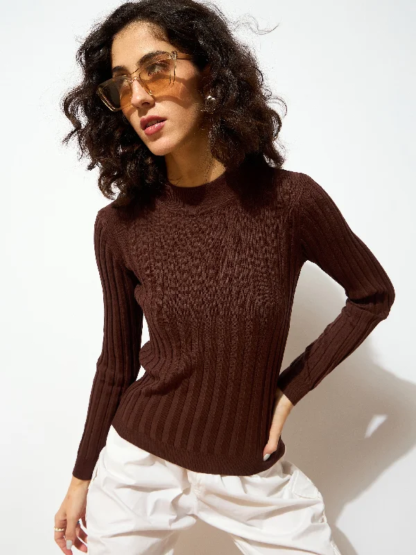 Women Brown Rib Full Sleeves High Neck Sweater Zippered Buttoned Snapped