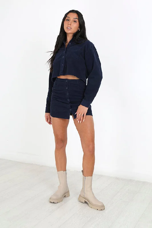 NAVY BUTTON THROUGH HIGH WAISTED CORDUROY SKIRT denim skirt classic