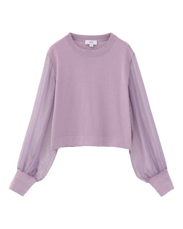 CREW NECK CROPPED SWEATER WITH SHEER SLEEVE 11387 Transparent Opaque Sheer