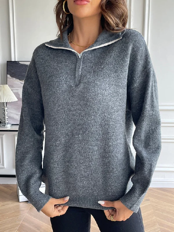 Half Zip Dropped Shoulder Sweater Polka Dot Checkered Tartan
