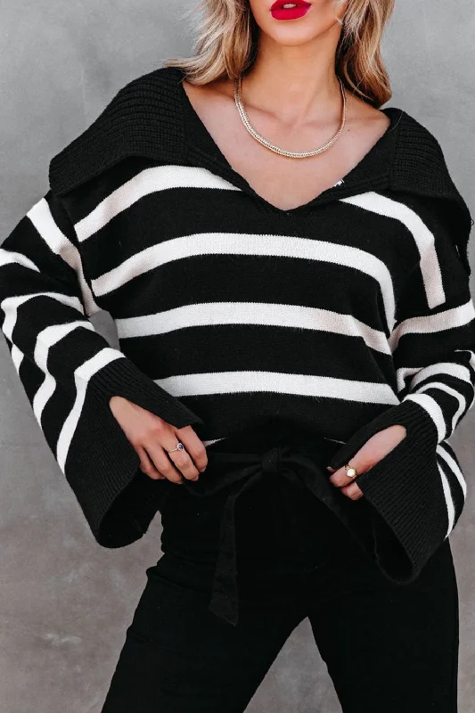 Nora Striped Johnny Collar Long Sleeve Sweater Transparent Opaque Sheer