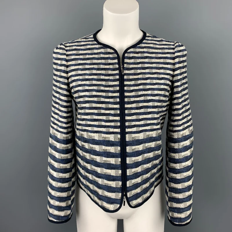 ARMANI COLLEZIONI Size 2 Navy & White Jacquard Jacket Embroidered Jacket Appliqued Jacket Beaded Jacket ARMANI COLLEZIONI Size 2 Navy & White Jacquard Jacket Embroidered Jacket Appliqued Jacket Beaded Jacket