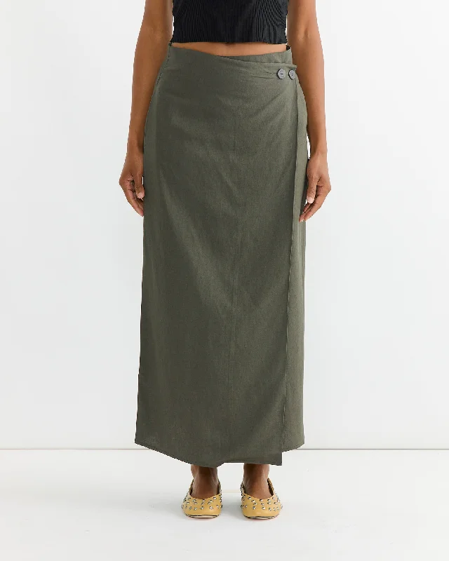 Linen Blend Maxi Wrap Skirt in Olive casual skirt length