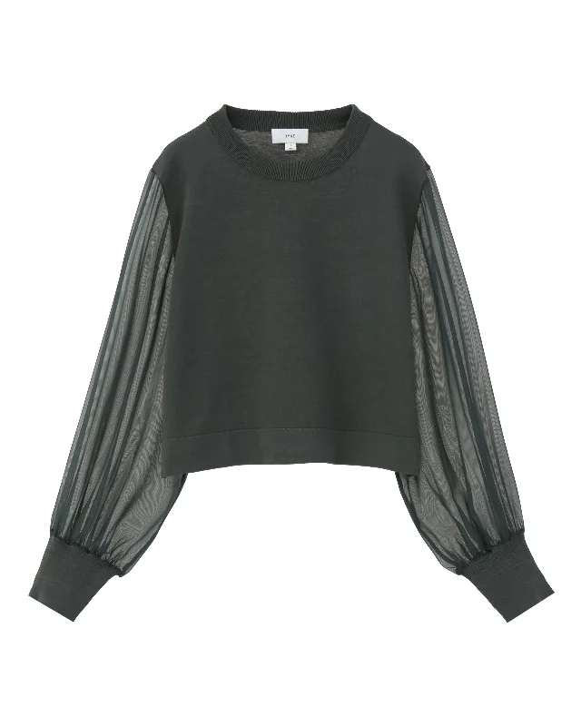 CREW NECK CROPPED SWEATER WITH SHEER SLEEVE 11387 Layered Multi-layer Single Layer