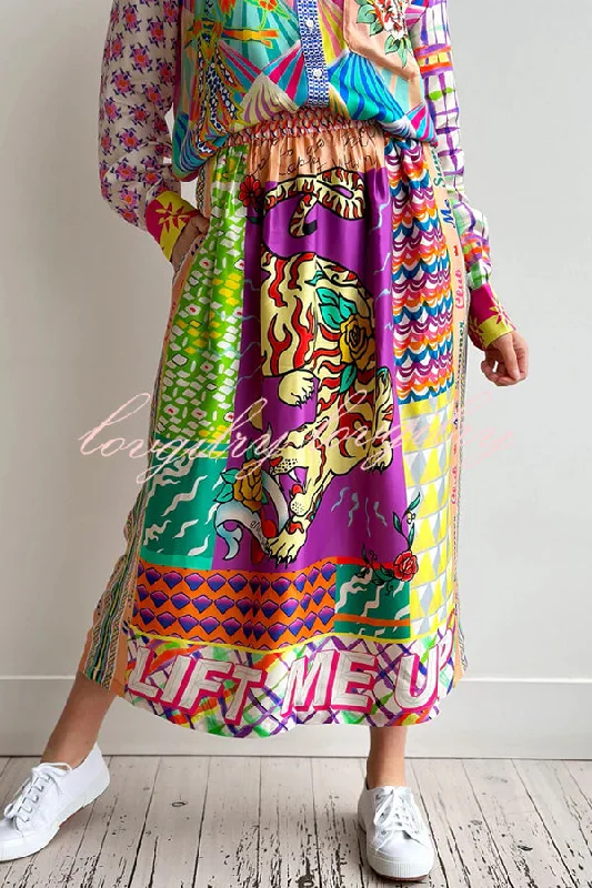 Boho Chic Satin Colorful Unique Print Elastic Waist Pocket Vacation Midi Skirt chiffon skirt flowing