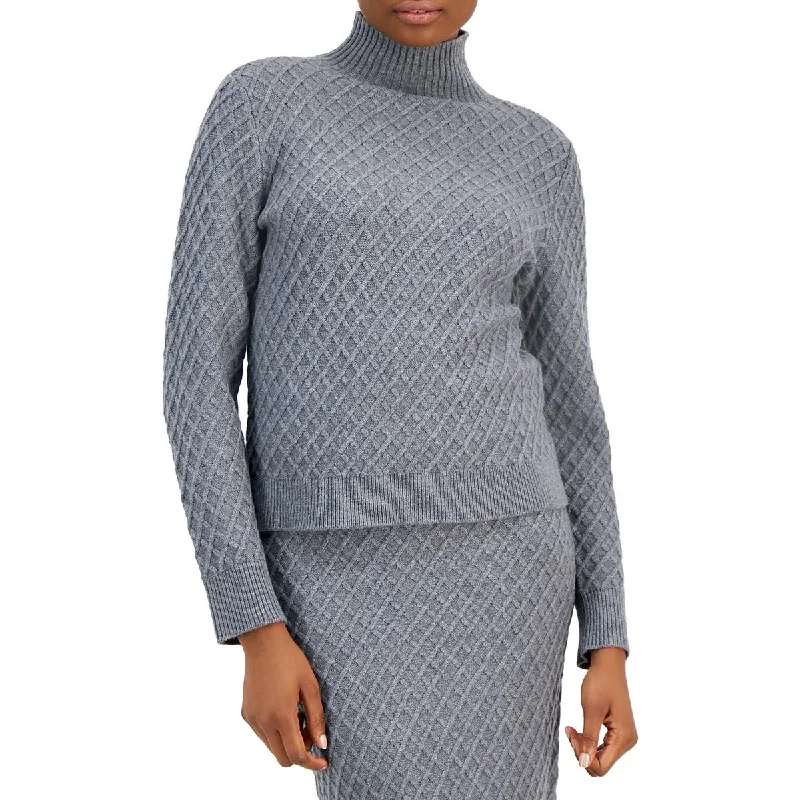 Anne Klein Womens Ribbed Trim  Knit Turtleneck Sweater Glossy Satin Silk