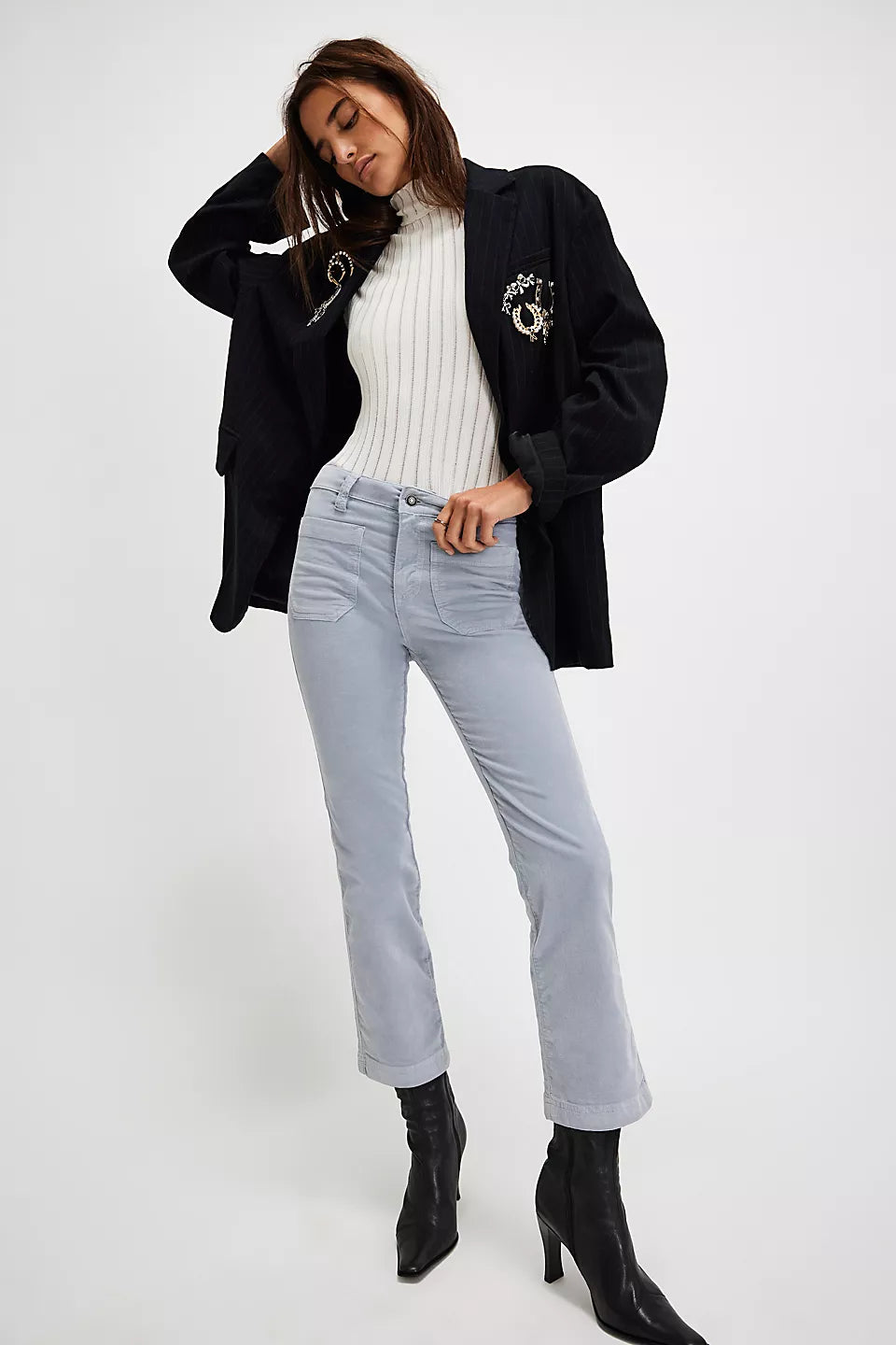 Free People High Time Velvet Kick Flare Pants - PEARL BLUE Comfy High-Waist Jeans