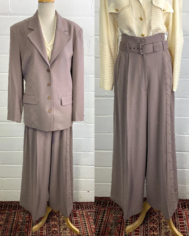 Vintage Sophie Sitbon Greige Wool Crepe Wide-Leg Pant Suit, W31" Chic Faux Leather Pants
