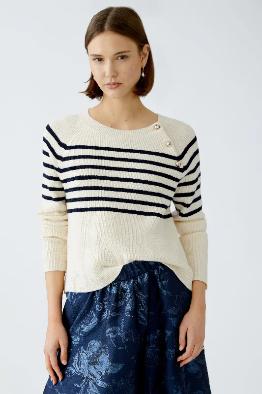 OUI White Blue Stripe Sweater Terry Terry Cloth Terry Knit