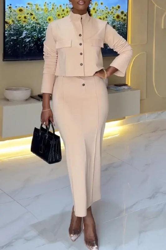 Solid Color Stand-Up Collar Feminine Back Slit Skirt Suit high waist skirt