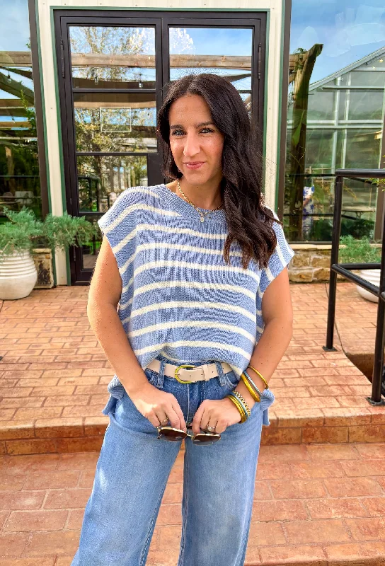 Never Last Short Sleeve Sweater in Blue Velvet Chenille Corduroy