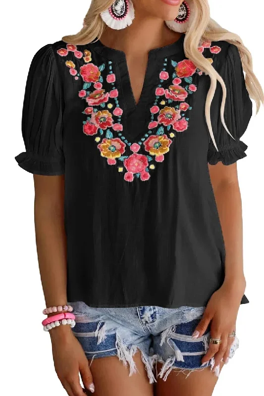 Flower Embroidery Bubble Sleeve V-Neck Tee