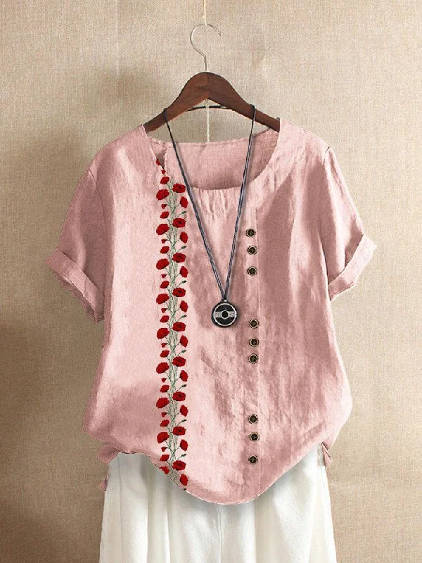 Floral Print O-neck Button Short Sleeve Casual T-Shirt For Women