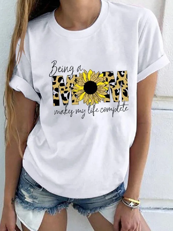 Flower Leopard Letter Print Short Sleeve O-neck T-shirts For Women