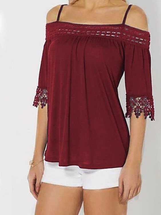 Lace Patchwork Cold Shoulder Half Sleeves Solid Tee