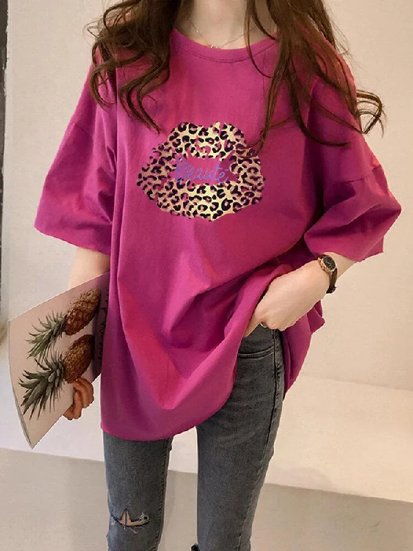 Leopard Lips Print Oversize Loose Daily Casual T-shirt