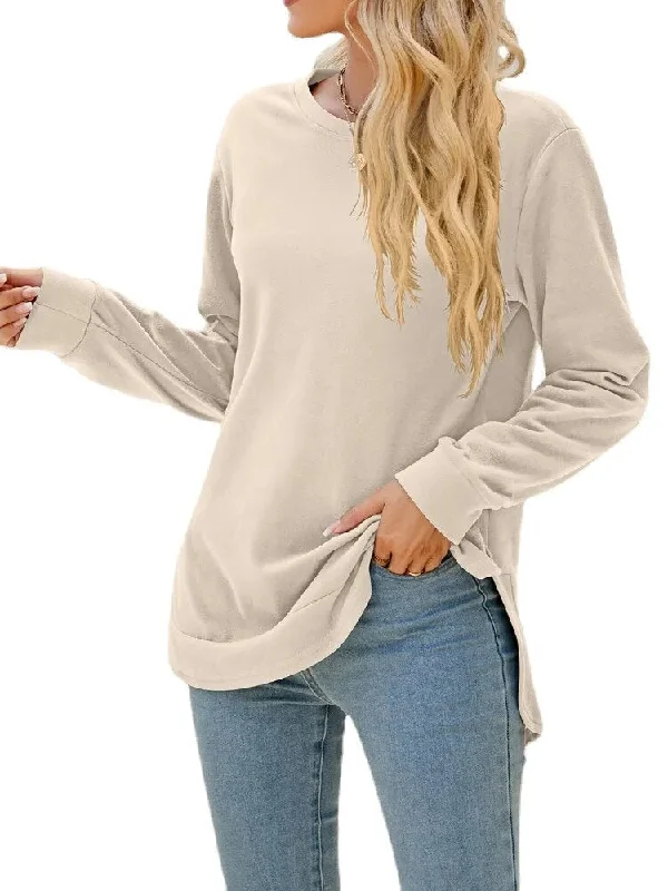 Women Long Sleeve Round Neck Irregular Split Tee