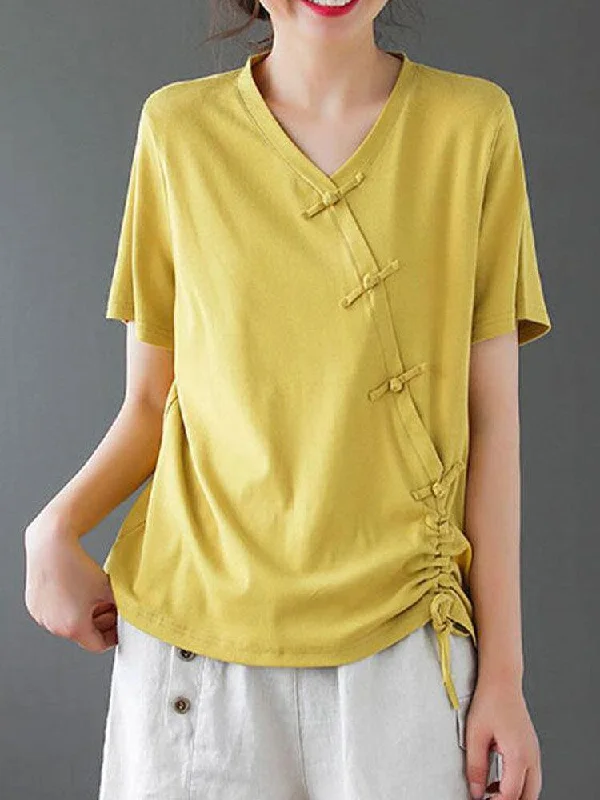 Women loose Solid Color V-neck Short Sleeve Drawstring Ethnic T-Shirt