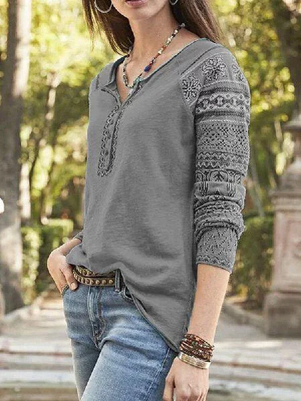 Women Random Print Long Sleeve Button Knit Ethnic Bohemia T-Shirts