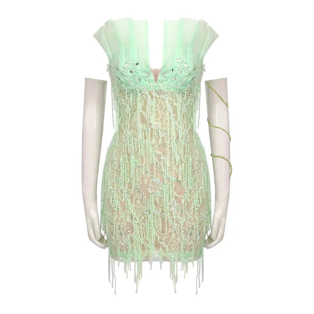 Beaded fringe light green strapless dress, birthday party performance dress