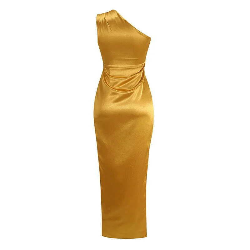 Fashion Solid Color Sexy Slanted Shoulder Slit Dress Women's Long Dress