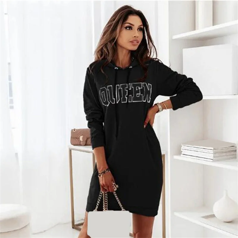 Long Sleeve Hooded Letter Sports Casual Dress