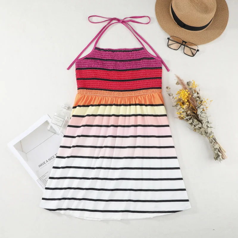 Summer Sleeveless Skirt Gradient Rainbow Striped Overall Dress