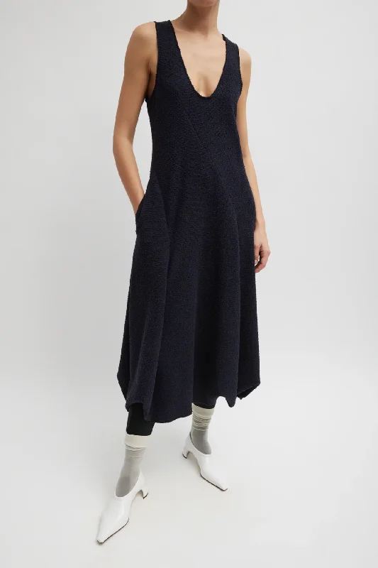 Tibi Boucle Knit Tank Tucked Dress - Midnight Navy