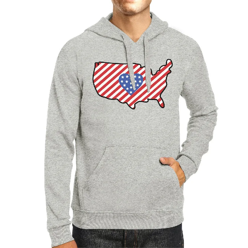 Heart USA Map Unique American Flag Gray Hoodie For Fourth Of July