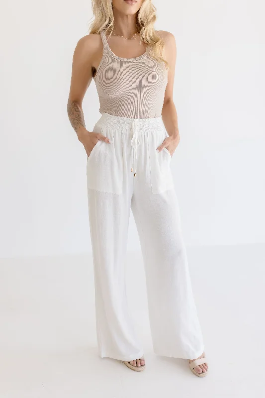 Anne Drawstring Linen Wide Leg Pants White