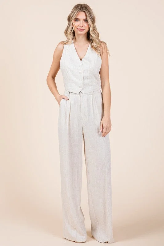 Ashlyn Linen Vest And Wide Leg Pants Set Nude