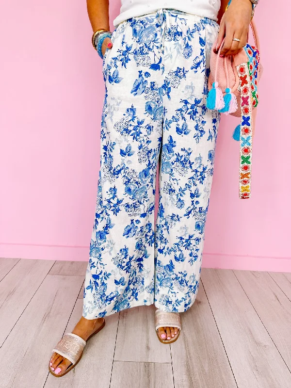 DREAMY ROSE GARDENS WIDE LEG PANTS - BLUE